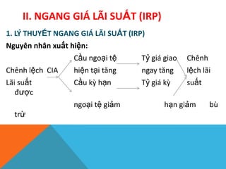 II. NGANG GIÁ LÃI SUẤT (IRP)
1. LÝ THUYẾT NGANG GIÁ LÃI SUẤT (IRP)
Nguyên nhân xuất hiện:
Cầu ngoại tệ Tỷ giá giao Chênh
Chênh lệch CIA hiện tại tăng ngay tăng lệch lãi
Lãi suất Cầu kz hạn Tỷ giá kz suất
được
ngoại tệ giảm hạn giảm bù
trừ
 
