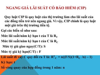 NGANG GIÁ LÃI SUẤT CÓ BẢO HIỂM (CIP)
Quy luật CIP là quy luật của thị trường làm cho lãi suất của
các đồng tiền trở nên ngang giá. Vì vậy, CIP chính là quy luật
một giá trên thị trường tiền tệ.
Gọi các biến số như sau:
Mức lãi suất/năm kỳ hạn t của T là RT
Mức lãi suất/năm kỳ hạn t của C là RC
Mức tỷ giá giao ngay(C/T): S
Mức tỷ giá kỳ hạn(C/T) : F
Lãi suất đi vay C quy đổi ra T là: RT
C = n((F/S)(1+RC /n) – 1)
Kỳ hạn: t
Số vòng quay của hợp đồng trong 1 năm: n
 