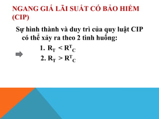 NGANG GIÁ LÃI SUẤT CÓ BẢO HIỂM
(CIP)
Sự hình thành và duy trì của quy luật CIP
có thể xảy ra theo 2 tình huống:
1. RT < RT
C
2. RT > RT
C
 