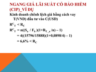 NGANG GIÁ LÃI SUẤT CÓ BẢO HIỂM
(CIP)_VÍ DỤ
Kinh doanh chênh lệch giá bằng cách vay
T(VND) đầu tư vào C(USD)
RC
T < RC
RC
T = n((Sa / Fb )(1+RT _a /n) – 1)
= 4((15796/15888)(1+0,0898/4) – 1)
= 6,6% < RC
 
