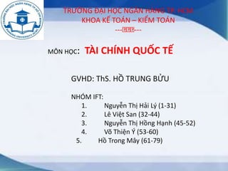 TRƯỜNG ĐẠI HỌC NGÂN HÀNG TP. HCM
KHOA KẾ TOÁN – KIỂM TOÁN
--- ---
MÔN HỌC: TÀI CHÍNH QUỐC TẾ
GVHD: ThS. HỒ TRUNG BỬU
NHÓM IFT:
1. Nguyễn Thị Hải Lý (1-31)
2. Lê Việt San (32-44)
3. Nguyễn Thị Hồng Hạnh (45-52)
4. Võ Thiện Ý (53-60)
5. Hồ Trong Mây (61-79)
 