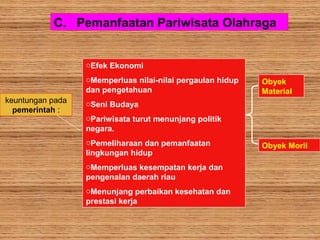 C. Pemanfaatan Pariwisata Olahraga
keuntungan pada
pemerintah :
Obyek
Material
Obyek Moril
oEfek Ekonomi
oMemperluas nilai-nilai pergaulan hidup
dan pengetahuan
oSeni Budaya
oPariwisata turut menunjang politik
negara.
oPemeliharaan dan pemanfaatan
lingkungan hidup
oMemperluas kesempatan kerja dan
pengenalan daerah riau
oMenunjang perbaikan kesehatan dan
prestasi kerja
 