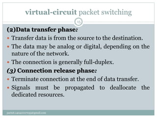 virtual-circuit packet switching
parixit.140410117035@gmail.com
15
(2)Data transfer phase:
 Transfer data is from the source to the destination.
 The data may be analog or digital, depending on the
nature of the network.
 The connection is generally full-duplex.
(3) Connection release phase:
 Terminate connection at the end of data transfer.
 Signals must be propagated to deallocate the
dedicated resources.
 
