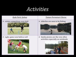 Activities	
  	
  
Hyde	
  Park,	
  Sydney	
   Taman	
  Permaisuri	
  Cheras	
  
Ø  cricket competitions were held Ø  elderlies	
  are	
  seen	
  to	
  be	
  Gishing	
  	
  
Ø  rugby game were held as well Ø  family	
  picnics	
  are	
  the	
  very	
  often	
  
activities	
  especially	
  on	
  weekends	
  
 