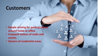 Customers
People striving for parking places around home or office.
Frequent visitors of malls and events.
Owners of residential areas.
• People striving for parking places
around home or office.
• Frequent visitors of malls and
events.
• Owners of residential areas.
Customers
 
