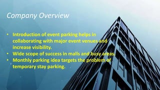 Company Overview
• Introduction of event parking helps in collaborating with major event
venues and increase visibility.
• Wide scope of success in malls and busy areas.
• Monthly parking idea targets the problem of temporary stay parking.
• Introduction of event parking helps in
collaborating with major event venues and
increase visibility.
• Wide scope of success in malls and busy areas.
• Monthly parking idea targets the problem of
temporary stay parking.
Company Overview
 