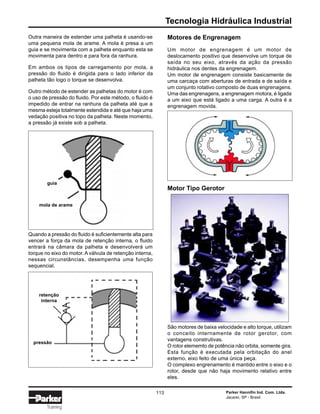 Tecnologia Hidráulica Industrial
Parker Hannifin Ind. Com. Ltda.
Jacareí, SP - Brasil
113
Training
Outra maneira de estender uma palheta é usando-se
uma pequena mola de arame. A mola é presa a um
guia e se movimenta com a palheta enquanto esta se
movimenta para dentro e para fora da ranhura.
Em ambos os tipos de carregamento por mola, a
pressão do fluido é dirigida para o lado inferior da
palheta tão logo o torque se desenvolva.
Outro método de estender as palhetas do motor é com
o uso de pressão do fluido. Por este método, o fluido é
impedido de entrar na ranhura da palheta até que a
mesma esteja totalmente estendida e até que haja uma
vedação positiva no topo da palheta. Neste momento,
a pressão já existe sob a palheta.
Quando a pressão do fluido é suficientemente alta para
vencer a força da mola de retenção interna, o fluido
entrará na câmara da palheta e desenvolverá um
torque no eixo do motor. A válvula de retenção interna,
nessas circunstâncias, desempenha uma função
sequencial.
guia
mola de arame
retenção
interna
pressão
Motores de Engrenagem
Um motor de engrenagem é um motor de
deslocamento positivo que desenvolve um torque de
saída no seu eixo, através da ação da pressão
hidráulica nos dentes da engrenagem.
Um motor de engrenagem consiste basicamente de
uma carcaça com aberturas de entrada e de saída e
um conjunto rotativo composto de duas engrenagens.
Uma das engrenagens, a engrenagem motora, é ligada
a um eixo que está ligado a uma carga. A outra é a
engrenagem movida.
Motor Tipo Gerotor
São motores de baixa velocidade e alto torque, utilizam
o conceito internamente de rotor gerotor, com
vantagens construtivas.
O rotor elememto de potência não orbita, somente gira.
Esta função é executada pela orbitação do anel
externo, eixo feito de uma única peça.
O complexo engrenamento é mantido entre o eixo e o
rotor, desde que não haja movimento relativo entre
eles.
 
