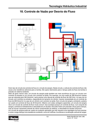Tecnologia Hidráulica Industrial
Parker Hannifin Ind. Com. Ltda.
Jacareí, SP - Brasil
151
Training
10. Controle de Vazão por Desvio do Fluxo
Outro tipo de circuito de controle de fluxo é o circuito de sangria. Neste circuito, a válvula de controle de fluxo não
causa uma resistência adicional para a bomba. Ele opera retornando para o tanque parte do fluxo da bomba à
pressão do sistema existente.
Além de gerar menos calor, um circuito de sangria pode também ser mais econômico do que um circuito com
controle na entrada ou um circuito com controle na saída. Por exemplo, se uma vazão de 380 litros/min tivesse
que ser reduzida para 340 litros/min, seria preciso uma válvula de controle de fluxo de 340 l/min, no caso de um
circuito com controle na entrada e, dependendo do tamanho do cilindro, haveria necessidade de um controle de
fluxo de 265 litros/min no caso de um cilindro com controle na saída. Num circuito de sangria, entretanto, poderia
ser usado um controle de fluxo de 38 litros/min. Mesmo com estas vantagens aparentes, um circuito de sangria
não é um circuito de controle de fluxo muito comum. Isso acontece porque um controle de fluxo, num conjunto de
sangria, controla só indiretamente a velocidade de um atuador. Ele pode medir com precisão o fluxo para o tanque,
mas se houver vazamento através de vários componentes do sistema, a velocidade do atuador diminuirá.
Um circuito de sangria pode ser usado em qualquer aplicação que não requeira uma regulagem de fluxo precisa;
e onde a carga ofereça uma resistência constante, como em retíficas, brunidoras e na elevação vertical de cargas.
 