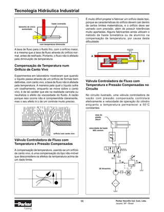 Tecnologia Hidráulica Industrial
96 Parker Hannifin Ind. Com. Ltda.
Jacareí, SP - Brasil
Training
É muito difícil projetar e fabricar um orifício deste tipo,
porque as características do orifício devem cair dentro
de certos limites matemáticos, e o orifício deve ser
usinado com precisão, além de possuir tolerâncias
muito apertadas. Alguns fabricantes ainda utilizam o
método de haste bimetálica ou de alumínio na
compensação de temperatura, por causa desta
dificuldade.
A taxa de fluxo para o fluido frio, com o orifício maior,
é a mesma que a taxa de fluxo através do orifício nor-
mal, antes de resfriado. Portanto, o fluxo não é afetado
pela diminuição de temperatura.
Compensação de Temperatura num
Orifício de Canto Vivo
Experimentos em laboratório mostraram que quando
o líquido passa através de um orifício de formas bem
definidas, com canto vivo, a taxa de fluxo não é afetada
pela temperatura. A maneira pela qual o líquido sofre
um cisalhamento, enquanto se move sobre o canto
vivo, é de tal caráter que ele na realidade cancela ou
neutraliza o efeito da viscosidade do fluido. A razão
porque isso ocorre não é compreendida claramente,
mas o seu efeito é o de um controle muito preciso.
Válvula Controladora de Fluxo com
Temperatura e Pressão Compensadas
A compensação de temperatura, usando-se um orifício
de canto vivo, é uma compensação do tipo não-móvel
que desconsidera os efeitos da temperatura acima de
um dado limite.
Válvula Controladora de Fluxo com
Temperatura e Pressão Compensadas no
Circuito
No circuito ilustrado, uma válvula controladora de
vazão com pressão compensada controlará
efetivamente a velocidade de operação do cilindro
enquanto a temperatura permanecer a 50°C
constantes.
com temperatura diminuída
tamanho de orício
aumentado
haste contraída
orifício com canto vivo
A
B
área do
pistão
20cm2
velocidade da haste
600 cm/min.
20 litros/min.
12
8 8
 