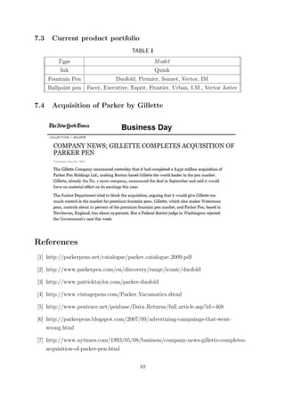 7.3    Current product portfolio
                                        TABLE I
          T ype                                   M odel
          Ink                                     Quink
      Fountain Pen               Duofold, Premier, Sonnet, Vector, IM
      Ballpoint pen   Facet, Executive, Esprit, Frontier, Urban, I.M., Vector Jotter


7.4    Acquisition of Parker by Gillette




References
[1] http://parkerpens.net/catalogue/parker catalogue 2009.pdf

[2] http://www.parkerpen.com/en/discovery/range/iconic/duofold

[3] http://www.patricktaylor.com/parker-duofold

[4] http://www.vintagepens.com/Parker Vacumatics.shtml

[5] http://www.pentrace.net/penbase/Data Returns/full article.asp?id=468

[6] http://parkerpens.blogspot.com/2007/09/advertizing-campaings-that-went-
    wrong.html

[7] http://www.nytimes.com/1993/05/08/business/company-news-gillette-completes-
    acquisition-of-parker-pen.html


                                           10
 