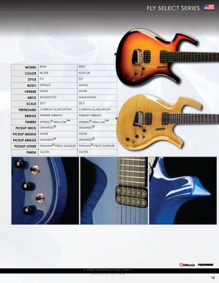 fLy seLect series   Made In The USA




      ModEl     rfaV                     rfsV

      color     Bs,3tB                   N,th,oB

        stylE   fLy                      fLy

        body    spruce                   mapLe

      VEnEEr    NoNe                     NoNe

        nEck    Basswood                 mahogaNy

       scalE    25.5                     25.5

   frEtboard    carBoN gLass epoXy       carBoN gLass epoXy

      bridgE    parker ViBrato           parker ViBrato

      tunErs    sperZeL® trim-Lok™       sperZeL® trim-Lok™

 PickuP nEck    dimarZio®                dimarZio®

PickuP MiddlE   NoNe                     NoNe

PickuP bridgE   dimarZio®                dimarZio®

PickuP othEr    fishmaN® pieZo saddLes   fishmaN® pieZo saddLes

       finish   gLoss                    gLoss




                                               |   w w w. pa r k e r g u i ta r s . c o m             |

                                                      (   r   )   e   V   o   L   u   t   i   o   N

                                                                                                                                        15
 