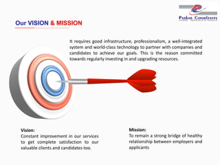 It requires good infrastructure, professionalism, a well-integrated
system and world-class technology to partner with companies and
candidates to achieve our goals. This is the reason committed
towards regularly investing in and upgrading resources.
Vision:
Constant improvement in our services
to get complete satisfaction to our
valuable clients and candidates too.
Mission:
To remain a strong bridge of healthy
relationship between employers and
applicants
Our VISION & MISSION
 