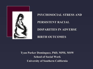 Tyan Parker Dominguez, PhD, MPH, MSWTyan Parker Dominguez, PhD, MPH, MSW
School of Social WorkSchool of Social Work
University of Southern CaliforniaUniversity of Southern California
PSYCHOSOCIAL STRESS ANDPSYCHOSOCIAL STRESS AND
PERSISTENT RACIALPERSISTENT RACIAL
DISPARITIES IN ADVERSEDISPARITIES IN ADVERSE
BIRTH OUTCOMESBIRTH OUTCOMES
 