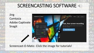 SCREENCASTING SOFTWARE
Jing
Camtasia
Adobe Captivate
Snagit
Screencast-O-Matic- Click the image for tutorials!
 