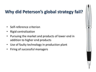 Why did Peterson’s global strategy fail?
• Self-reference criterion
• Rigid centralization
• Pursuing the market and products of lower end in
addition to higher end products
• Use of faulty technology in production plant
• Firing of successful managers
 