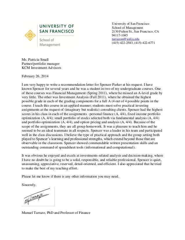 parker spencer letter of recommendation university of san francisco letter of recommendation
