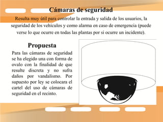 Cámaras de seguridad
  Resulta muy útil para controlar la entrada y salida de los usuarios, la
seguridad de los vehículos y como alarma en caso de emergencia (puede
   verse lo que ocurre en todas las plantas por si ocurre un incidente).

        Propuesta
Para las cámaras de seguridad
se ha elegido una con forma de
ovalo con la finalidad de que
resulte discreta y no sufra
daños por vandalismo. Por
supuesto por ley se colocara el
cartel del uso de cámaras de
seguridad en el recinto.
 