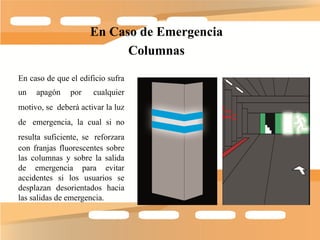 En Caso de Emergencia
                           Columnas

En caso de que el edificio sufra
un   apagón    por    cualquier
motivo, se deberá activar la luz
de emergencia, la cual si no
resulta suficiente, se reforzara
con franjas fluorescentes sobre
las columnas y sobre la salida
de emergencia para evitar
accidentes si los usuarios se
desplazan desorientados hacia
las salidas de emergencia.
 