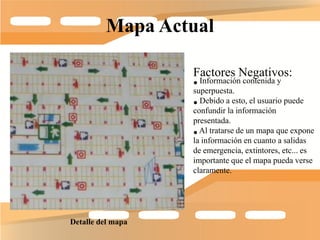 Mapa Actual

                   Factores Negativos:
                   • Información contenida y
                   superpuesta.
                   • Debido alaesto, el usuario puede
                   confundir información
                   presentada.
                   • Al tratarse deen cuantoque expone
                   la información
                                    un mapa
                                              a salidas
                   de emergencia, extintores, etc... es
                   importante que el mapa pueda verse
                   claramente.




Detalle del mapa
 