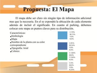 Propuesta: El Mapa
     El mapa debe ser claro sin ningún tipo de información adicional
mas que la necesaria. En el se expondrá la ubicación de cada elemento
además de incluir el significado. En cuanto al parking, debemos
colocar este mapa en puntos claves para su distribución.
Características:
•Simbología
•Mapa de la planta con su color
•Nombre
correspondiente
•Tipografía: Arial
•Colores:
 