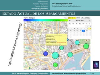 El Problema
Nuestra Propuesta
Fuente de Datos
Uso de la Aplicación
Uso de la Aplicación Web
Estadísticas Sobre las Predicciones
ESTADO ACTUAL DE LOS APARCAMIENTOS
http://mallba4.lcc.uma.es/parking/
NEO: Networking and Emerging Optimization Ocupación de Aparcamientos y Predicción 17 / 20
 