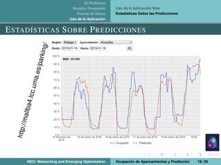El Problema
Nuestra Propuesta
Fuente de Datos
Uso de la Aplicación
Uso de la Aplicación Web
Estadísticas Sobre las Predicciones
ESTADÍSTICAS SOBRE PREDICCIONES
http://mallba4.lcc.uma.es/parking/
NEO: Networking and Emerging Optimization Ocupación de Aparcamientos y Predicción 18 / 20
 