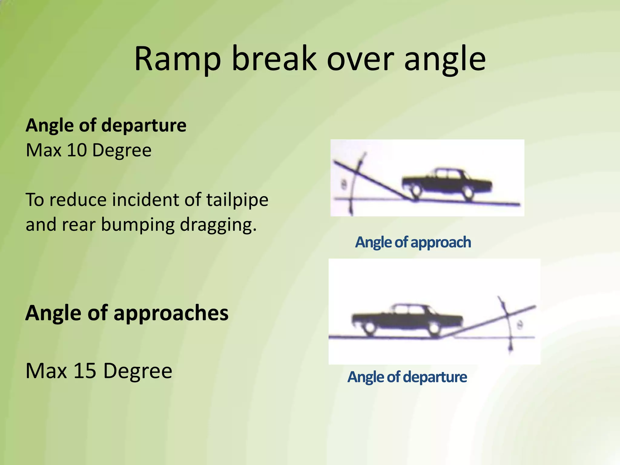 Ramp break over angle
Angleofapproach
Angleofdeparture
Angle of departure
Max 10 Degree
To reduce incident of tailpipe
and rear bumping dragging.
Angle of approaches
Max 15 Degree
 