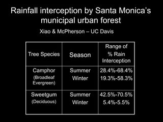 Rainfall interception by Santa Monica’s
municipal urban forest
Xiao & McPherson – UC Davis

Tree Species

Season

Range of
% Rain
Interception

Camphor

Summer
Winter

28.4%-68.4%
19.3%-58.3%

Summer
Winter

42.5%-70.5%
5.4%-5.5%

(Broadleaf
Evergreen)

Sweetgum
(Deciduous)

 