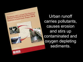 Urban runoff
carries pollutants,
causes erosion
and stirs up
contaminated and
oxygen depleting
sediments.

 