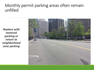 Monthly permit parking areas often remain
unfilled
Replace with
metered
parking or
return to
neighborhood
zone parking
 