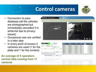 Control cameras
• Connection to pass
database (all the vehicles
are photographed but
immediately cancelled if in
white-lis...