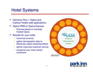 Hotel Systems

Harmony Plus = Opera and
Carlson Hotels web applications
Opera PMS or Opera Express
   Premise-based or Centrally
   Hosted Opera
Results for your hotel:
   maximize revenue
   gather demographic data to
   effectively target marketing efforts
   deliver improved customer service
   recognize o r
   recogni e your most valued
                          al ed
   customers




                                    14
 