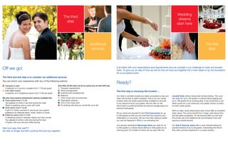 Wedding
                                                                     The third
                                                                                                                                                                                                        dreams
                                                                       step
                                                                                                                                                                                                       start here




                                                                                                    Additional                                                                                                                           The ﬁrst
                                                                                                     services                                                                                                                             step




Off we go!                                                                                                                     It all starts with your expectations and requirements and we consider it our challenge to meet and exceed
                                                                                                                               them. To give you an idea of how we will do that we have put together the 3 main steps to lay the foundation
                                                                                                                               for a successful event.
The third and last step is to consider our additional services.
You can enrich your experience with any of the following options.
                                                                                                                               Ready?
■ Canapés to start                                             And after all this why not let us assist you as well with any
  A selection of 5 crunchy canapés from £ 7.50 per guest       ■ Transport requirements
■ Late night snacks                                            ■ Floral arrangements                                           The ﬁrst step is choosing the location ...
  A selection of 5 revitalizing snacks from £ 9.50 per guest   ■ Entertainment professionals
                                                               ■ Balloons                                                      Our hotel is centrally located and easily accessible by day and   Llandaff Suite without losing that intimate feeling. This room
We also have several refreshment options available like        ■ Chair covers and coloured linen                               night with private or public transport. Due to our city centre    can cater for up to 120 guests in a dinner dance setting and
■ Pearl option from £ 11.50                                    ■ Disposable cameras                                            location there are ample opportunities available for pictures     up to 180 guests for an evening party. If you would like to use
  Two glasses of white or red wine during the meal             ■ DJ’s or live music acts                                       or any leisure time for your guests. We can offer on site         these rooms for a civil ceremony only please contact us direct
  Glass of sparkling wine or juice with toast                  ■ Or anything else that you would like us to do!                discounted car parking facilities and secure storage space for    for tailor made quotes.
■ Gold option from £ 12.50                                                                                                     personal belongings.
  A gift of 4 drinks vouchers to use as per your guest’s                                                                                                                                         With no major visual obstructions both rooms offer an excellent
  preference on selected beers, wines, soda’s or juices.                                                                       All our rooms are licensed to hold Civil Ceremonies for up        party venue. The rooms beneﬁt from a large, solid dance ﬂoor
■ Platinum option from £ 14.50                                                                                                 to 250 guests so that you can host both the ceremony and          and are easily accessible. On the evening itself you will have
  A refreshing sorbet in between starter and main course                                                                       celebrations in one venue. We are more then willing to assist     the private use of the adjacent bar and reception foyer and
  Two glasses of white or red wine during the meal                                                                             you and the Registrar’s Ofﬁce in co-ordinating this.              spacious outside terrace.
  A liqueur with your tea and coffee serving
                                                                                                                               Our recently refurbished Glamorgan Suite can cater for up         Our Vale & Rumney suites offer a more intimate setting for
See how easy that was?!?                                                                                                       to 250 guests in a dinner dance setting or 300 guests for an      private functions of up to 30 guests. Overlooking the Atrium
So wait no longer and let’s continue this journey together!                                                                    evening party. For smaller functions we can also offer the        they offer a private experience in a unique location.
 