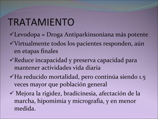 TRATAMIENTO Levodopa = Droga Antiparkinsoniana más potente Virtualmente todos los pacientes responden, aún en etapas finales Reduce incapacidad y preserva capacidad para mantener actividades vida diaria Ha reducido mortalidad, pero continúa siendo 1.5 veces mayor que población general Mejora la rigidez, bradicinesia, afectación de la marcha, hipomimia y micrografia, y en menor medida. 