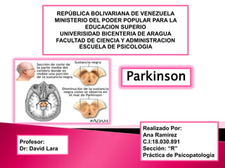 REPÚBLICA BOLIVARIANA DE VENEZUELA
            MINISTERIO DEL PODER POPULAR PARA LA
                     EDUCACION SUPERIO
             UNIVERISIDAD BICENTERIA DE ARAGUA
            FACULTAD DE CIENCIA Y ADMINISTRACION
                   ESCUELA DE PSICOLOGIA




                                 Parkinson



                                     Realizado Por:
                                     Ana Ramírez
Profesor:                            C.I:18.030.891
Dr: David Lara                       Sección: “R”
                                     Práctica de Psicopatología
 
