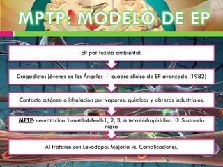 Al tratarse con Levodopa: Mejoría vs. Complicaciones.
MPTP: neurotoxina 1-metil-4-fenil-1, 2, 3, 6 tetrahidropiridina  Sustancia
nigra
Contacto cutáneo o inhalación por vapores: químicos y obreros industriales.
Drogadictos jóvenes en los Ángeles - cuadro clínico de EP avanzada (1982)
EP por toxina ambiental.
 