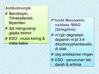Antikolinergik
# Benztropin,
Triheksifenidil,
Biperiden
# dpt mengurangi
gejala tremor
# ESO : mulut kering &
mata kabur
P’hmbt Monoamin
oxidase /MAO
(Selegiline)
# m’cgh degradasi
dopamin m’jd 3-4
dihydroxyphenilacetic
di otak
# sbg antidepresi ringan
# ESO : penurunan tek.
darah & aritmia
 