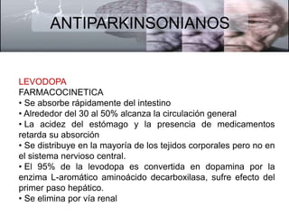 ANTIPARKINSONIANOS 
LEVODOPA 
FARMACOCINETICA 
• Se absorbe rápidamente del intestino 
• Alrededor del 30 al 50% alcanza la circulación general 
• La acidez del estómago y la presencia de medicamentos 
retarda su absorción 
• Se distribuye en la mayoría de los tejidos corporales pero no en 
el sistema nervioso central. 
• El 95% de la levodopa es convertida en dopamina por la 
enzima L-aromático aminoácido decarboxilasa, sufre efecto del 
primer paso hepático. 
• Se elimina por vía renal 
 