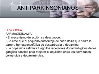 ANTIPARKINSONIANOS 
LEVODOPA 
FARMACIDINAMIA 
• El mecanismo de acción se desconoce. 
• Se cree que el pequeño porcentaje de cada dosis que cruza la 
barrera hematoencefálica se descarboxila a dopamina. 
• La dopamina estimula luego los receptores dopaminérgicos de los 
ganglios basales para mejorar el equilibrio entre las actividades 
colinérgica y dopaminérgica. 
 