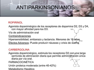 ANTIPARKINSONIANOS 
ROPIRINOL 
Agonista dopaminérgico de los receptores de dopamina D2, D3 y D4, 
con mayor afinidad para los D3. 
Vía de administración oral 
Contraindicaciones 
Hipersensibilidad, embarazo y lactancia. Menores de 18 años. 
Efectos Adversos: Puede producir náuseas y crisis de sueño. 
CARBERGOLINA 
Agonista dopaminérgico, estimula los receptores D2 con una larga 
semivida de eliminación diaria que permite administración única 
diaria por vía oral. 
FARMACOCINÉTICA 
Unión proteica moderada (entre 40-42%) 
Metabolismo Hepático 
 