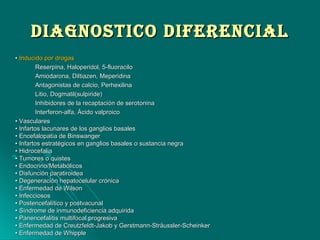 DIAGNOSTICO DIfereNCIAlDIAGNOSTICO DIfereNCIAl
•• Inducido por drogasInducido por drogas
Reserpina, Haloperidol, 5-fluoraciloReserpina, Haloperidol, 5-fluoracilo
Amiodarona, Diltiazen, MeperidinaAmiodarona, Diltiazen, Meperidina
Antagonistas de calcio, PerhexilinaAntagonistas de calcio, Perhexilina
Litio, Dogmatil(sulpiride)Litio, Dogmatil(sulpiride)
Inhibidores de la recaptación de serotoninaInhibidores de la recaptación de serotonina
Interferon-alfa, Ácido valproicoInterferon-alfa, Ácido valproico
•• VascularesVasculares
• Infartos lacunares de los ganglios basales• Infartos lacunares de los ganglios basales
• Encefalopatía de Binswanger• Encefalopatía de Binswanger
• Infartos estratégicos en ganglios basales o sustancia negra• Infartos estratégicos en ganglios basales o sustancia negra
• Hidrocefalia• Hidrocefalia
• Tumores o quistes• Tumores o quistes
• Endocrino/Metabólicos• Endocrino/Metabólicos
• Disfunción paratiroidea• Disfunción paratiroidea
• Degeneración hepatocelular crónica• Degeneración hepatocelular crónica
• Enfermedad de Wilson• Enfermedad de Wilson
• Infecciosos• Infecciosos
• Postencefalítico y postvacunal• Postencefalítico y postvacunal
• Síndrome de inmunodeficiencia adquirida• Síndrome de inmunodeficiencia adquirida
• Panencefalítis multifocal progresiva• Panencefalítis multifocal progresiva
• Enfermedad de Creutzfeldt-Jakob y Gerstmann-Sträussler-Scheinker• Enfermedad de Creutzfeldt-Jakob y Gerstmann-Sträussler-Scheinker
• Enfermedad de Whipple• Enfermedad de Whipple
 