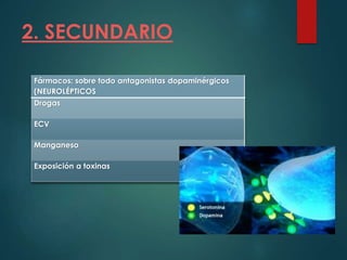 2. SECUNDARIO
Fármacos: sobre todo antagonistas dopaminérgicos
(NEUROLÉPTICOS
Drogas
ECV
Manganeso
Exposición a toxinas
 