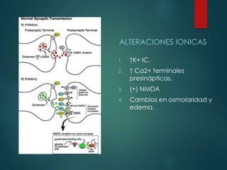 ALTERACIONES IONICAS
1. ↑K+ IC.
2. ↑ Ca2+ terminales
presinápticas.
3. (+) NMDA
4. Cambios en osmolaridad y
edema.
 
