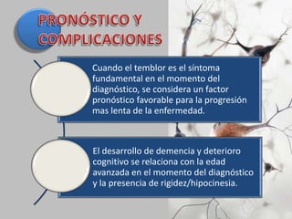 Cuando el temblor es el síntoma
fundamental en el momento del
diagnóstico, se considera un factor
pronóstico favorable para la progresión
mas lenta de la enfermedad.
El desarrollo de demencia y deterioro
cognitivo se relaciona con la edad
avanzada en el momento del diagnóstico
y la presencia de rigidez/hipocinesia.
 