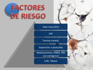 Sexo masculino
APF
Trauma craneal.
Exposición a pesticidas
Medicamentos: AINES, TRH
con estrógenos
Café, Tabaco
 