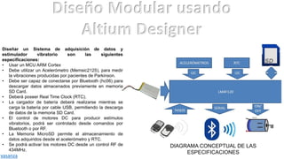 Diseño Modular usando
Altium Designer
Diseñar un Sistema de adquisición de datos y
estimulador vibratorio son las siguientes
especificaciones:
• Usar un MCU ARM Cortex
• Debe utilizar un Acelerómetro (Memsic2125), para medir
la vibraciones producidas por pacientes de Parkinson.
• Debe ser capaz de conectarse por Bluetooth (hc06) para
descargar datos almacenados previamente en memoria
SD Card.
• Deberá poseer Real Time Clock (RTC).
• La cargador de batería deberá realizarse mientras se
carga la batería por cable USB, permitiendo la descarga
de datos de la memoria SD Card.
• El control de motores DC para producir estímulos
vibratorios, podrá ser controlado desde comandos por
Bluetooth o por RF.
• La Memoria MicroSD permite el almacenamiento de
datos adquiridos desde el acelerómetro y RTC.
• Se podrá activar los motores DC desde un control RF de
434MHz.
DIAGRAMA CONCEPTUAL DE LAS
ESPECIFICACIONES
vasanza
 