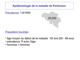 Epidémiologie de la maladie de Parkinson
Prévalence: 1.6/1000
Population touchée:
• âge moyen du début de la maladie : 55 ans (50 - 69 ans)
• prévalence  avec l’âge
• hommes = femmes
25.000
 