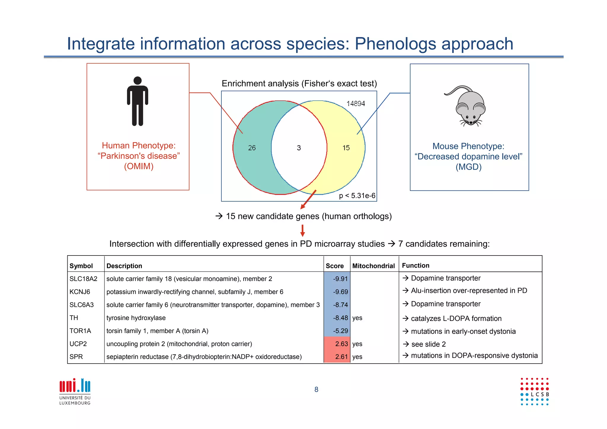 8
Integrate information across species: Phenologs approach
Mouse Phenotype:
“Decreased dopamine level”
(MGD)
Human Phenotype:
“Parkinson's disease”
(OMIM)
p < 5.31e-6
 15 new candidate genes (human orthologs)
Intersection with differentially expressed genes in PD microarray studies  7 candidates remaining:
 mutations in early-onset dystonia
 see slide 2
 Alu-insertion over-represented in PD
Enrichment analysis (Fisher‘s exact test)
 mutations in DOPA-responsive dystoniayes2.61sepiapterin reductase (7,8-dihydrobiopterin:NADP+ oxidoreductase)SPR
yes2.63uncoupling protein 2 (mitochondrial, proton carrier)UCP2
-5.29torsin family 1, member A (torsin A)TOR1A
yes-8.48tyrosine hydroxylaseTH
-8.74solute carrier family 6 (neurotransmitter transporter, dopamine), member 3SLC6A3
-9.69potassium inwardly-rectifying channel, subfamily J, member 6KCNJ6
-9.91solute carrier family 18 (vesicular monoamine), member 2SLC18A2
MitochondrialScoreDescriptionSymbol
 Dopamine transporter
 Dopamine transporter
 catalyzes L-DOPA formation
Function
 