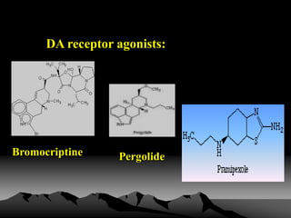Therapy of PD: Other treatments
DA receptor agonists:
Bromocriptine Pergolide
 