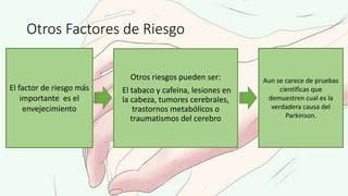 Otros Factores de Riesgo
Otros riesgos pueden ser:
El tabaco y cafeína, lesiones en
la cabeza, tumores cerebrales,
trastornos metabólicos o
traumatismos del cerebro
Aun se carece de pruebas
científicas que
demuestren cual es la
verdadera causa del
Parkinson.
El factor de riesgo más
importante es el
envejecimiento
 